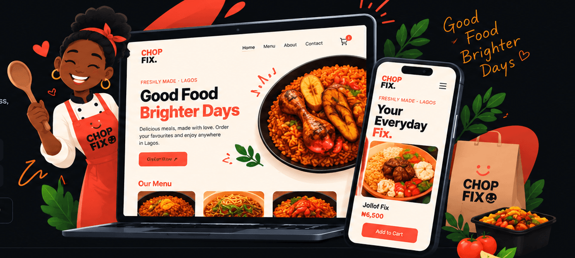 Illustrated Chop Fix Kitchen restaurant website, chef and mobile ordering experience