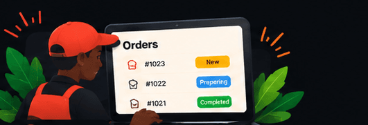 Illustrated restaurant worker reviewing orders on a dashboard