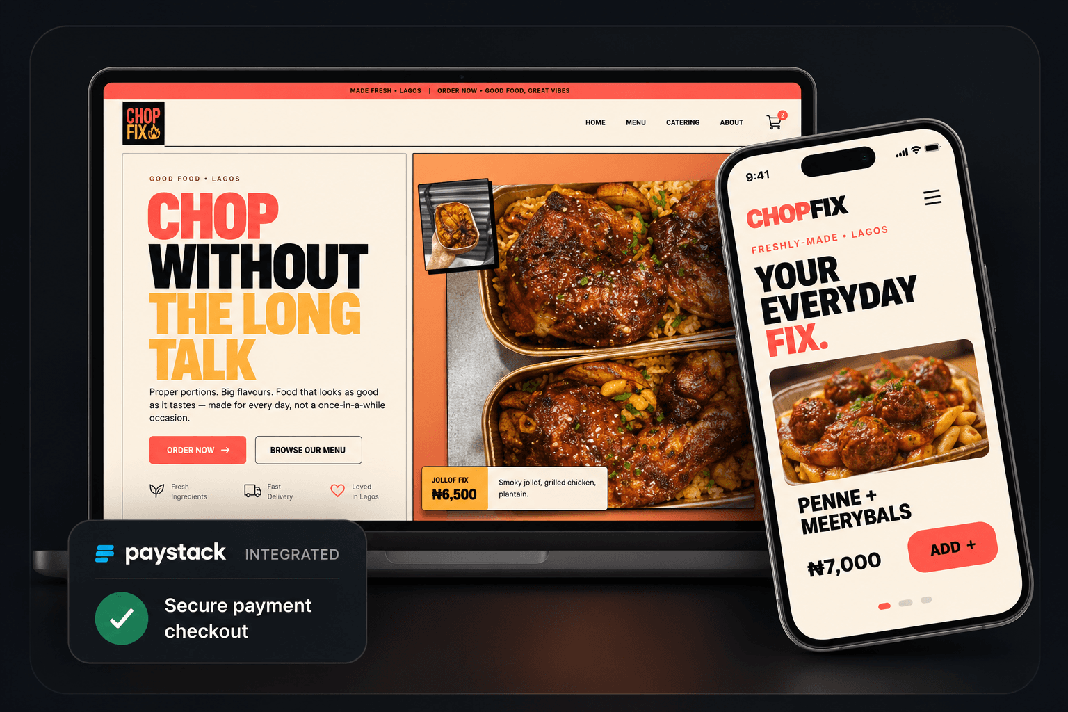 The Chop Fix Kitchen website presented on a laptop and phone, with Paystack checkout integration